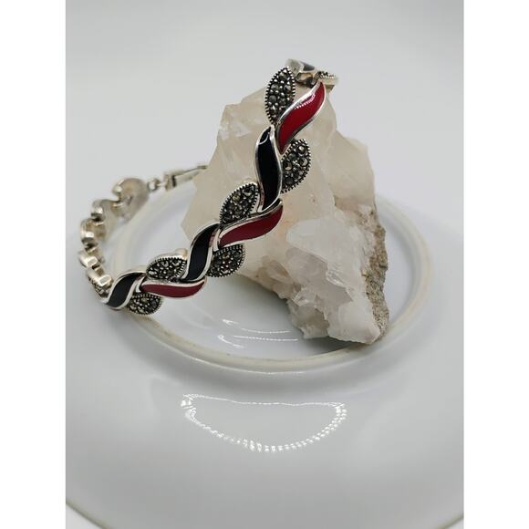 Sterling Bracelet with Red & Black Enamel and Marcasites - Picture 5 of 5